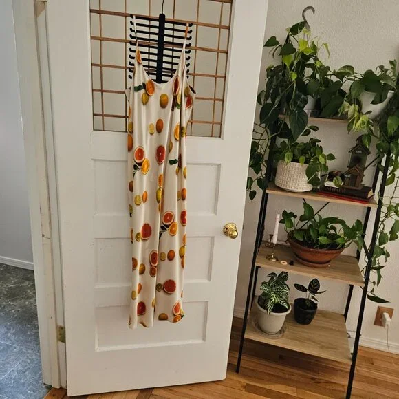 Lunya Washable Silk Bias Slip Dress in Main Squeeze Orange Print Medium